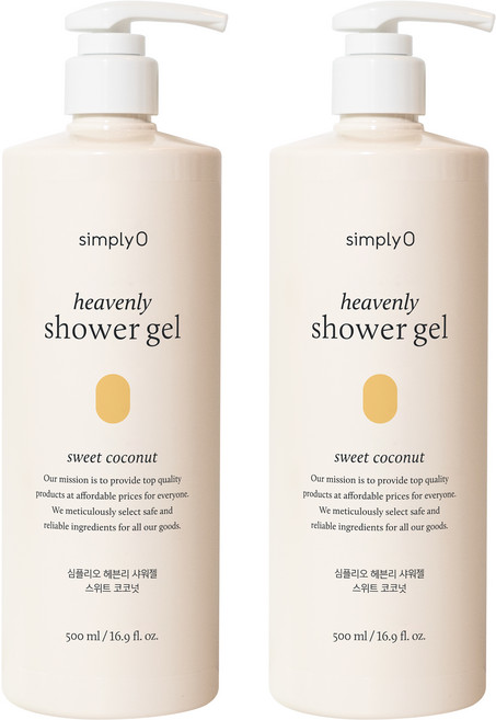 [비건라이프] 심플리오 헤븐리 샤워젤 스위트 코코넛, 500ml, 2개