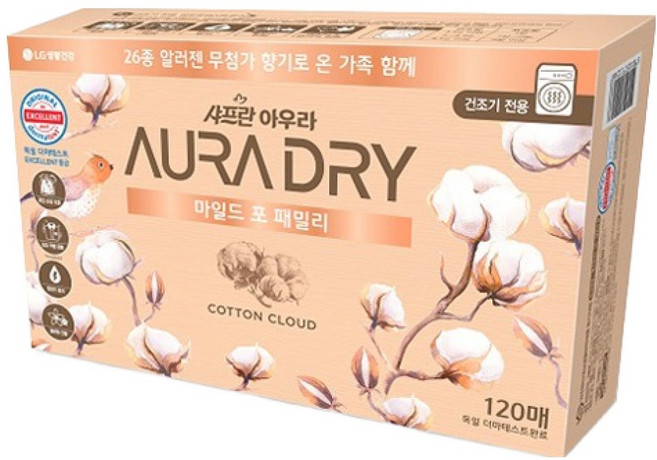 아우라 드라이 마일드 포 패밀리 시트 섬유유연제 코튼 클라우드 본품, 120개입, 1개