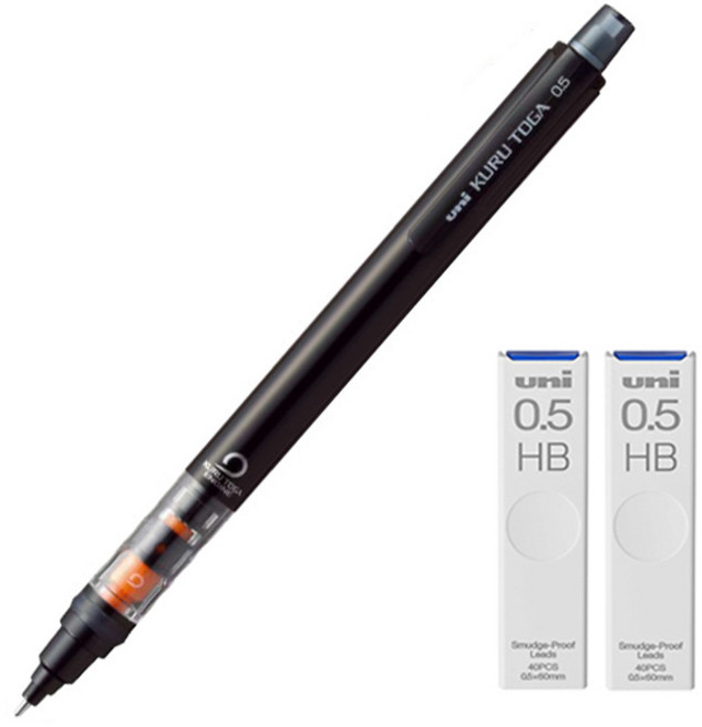 Uni 三菱鉛筆 KURU TOGA 自動鉛筆 伸縮筆尖型 黑色 M5-452 + 專用自動鉛筆筆芯 HB 2入組, 1套, 0.5mm, 1組