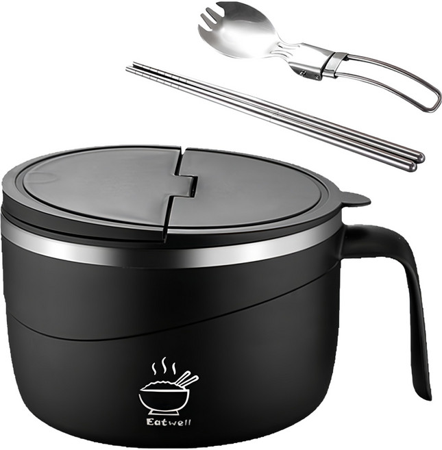 Eatwell 日式帶蓋304不鏽鋼大容量泡麵碗 附餐具 1.2L, 1個, 黑色