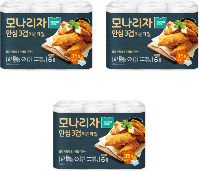 모나리자 안심3겹 천연펄프 키친타올, 18개, 140매