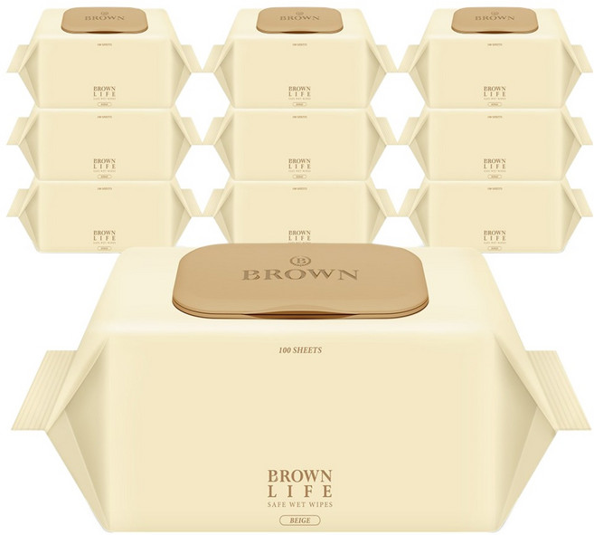 브라운라이프 베이지 도톰한 아기 물티슈 대용량 엠보싱 저자극 캡형, 50g, 100매, 10개