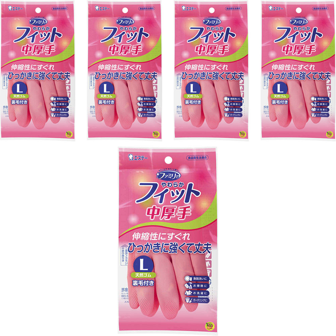 ST 雞仔牌 Family 家事用手套中厚板彈性橡膠內側裹毛 l粉色, 5入, 粉色, L