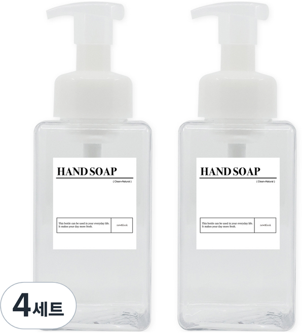 뉴앤룩 사각 거품용기 핸드워시 리필공병 450ml + A라벨스티커 핸드솝 세트, 투명(리필공병), 4세트