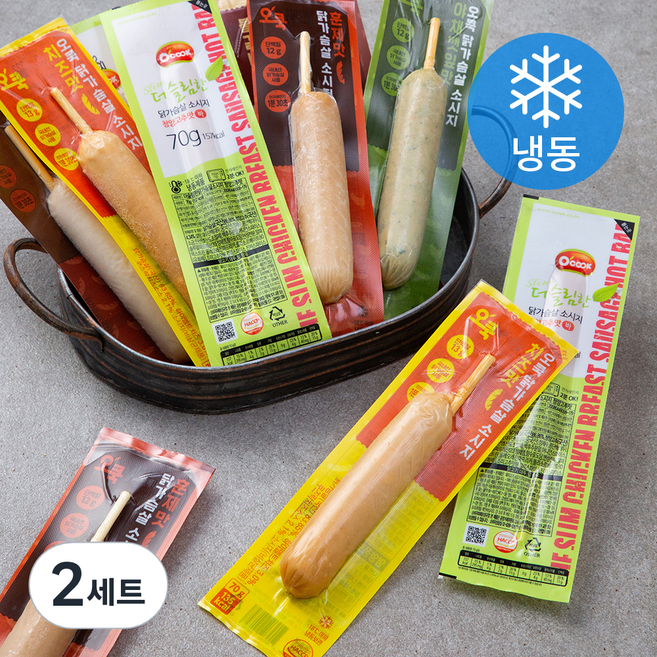 오쿡 닭가슴살소세지 핫바 오리지날 70g x 3팩 + 청양고추 70g x 3팩 + 불갈비 70g x 3팩 + 치즈 70g x 3팩 + 야채깻잎 70g x 3팩 + 훈제 70g x 3팩 세트 (냉동), 1.26kg, 2세트