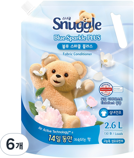 스너글 섬유유연제 블루스파클 플러스 리필, 2.6L, 6개