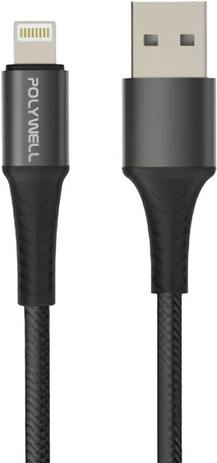 POLYWELL 寶利威爾 USB-A To Lightning 編織充電線 適用iPhone PW15-W45-A278, 2m, 黑色, 1條
