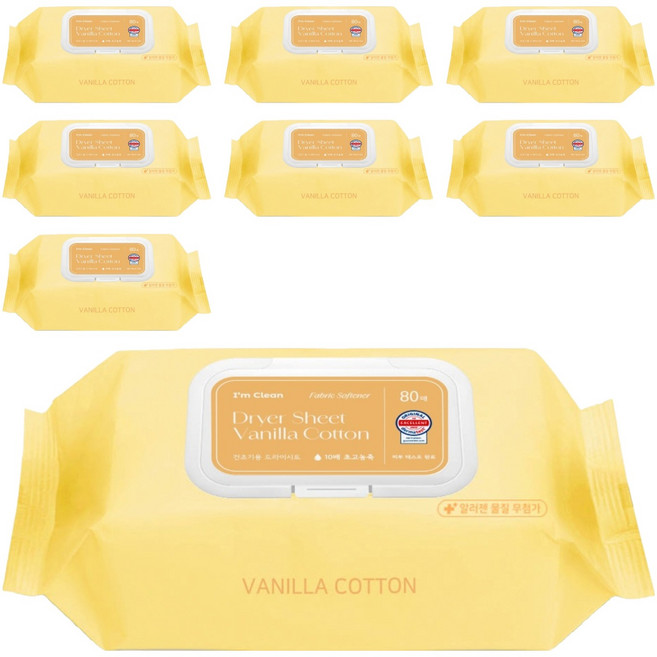 아임클린 건조기 시트 섬유유연제 바닐라코튼향, 80매, 8개