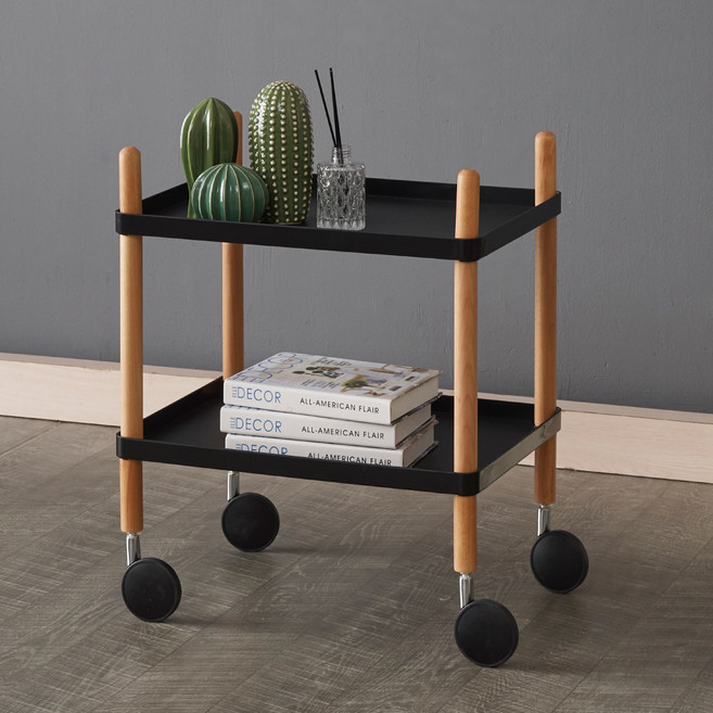 조은세상 베른 우드 트롤리 이동식 선반 2단, 블랙