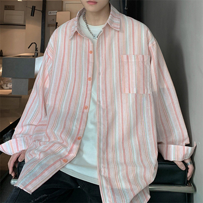 더플로우커머스 남성용 봄가을 파스텔 스트라이프 포켓 셔츠