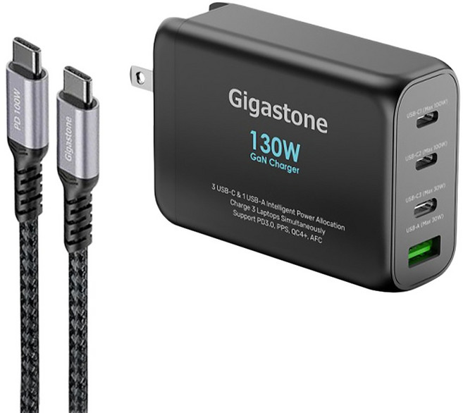 GIGASTONE 立達 130W GaN 氮化鎵 Type-C快充 多協議兼容三孔設計高效充電, 黑色, 1組