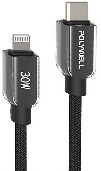 POLYWELL 寶利威爾 Type-C To L 30W 蘋果水晶編織快充線 PW15-W45-A452, 1m, 黑色, 1條