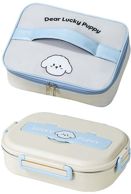 可愛粉貓藍狗304不鏽鋼分格便當盒(小款四格), 1組, 藍狗