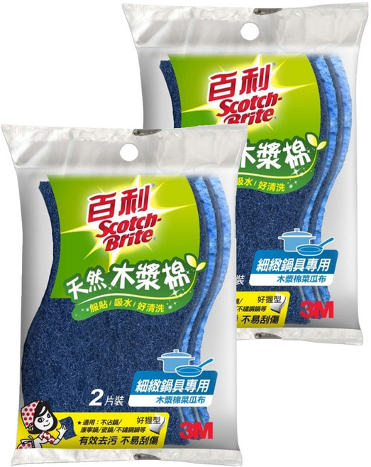 3M Scotch-Brite 百利 天然木漿棉菜瓜布 細緻鍋具用, 2片, 2包