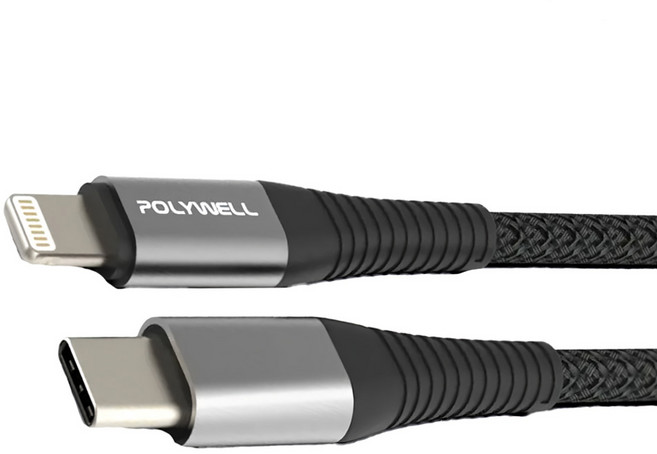 POLYWELL 寶利威爾 Type-C Lightning 蘋果PD快充編織線 iPhone PW15-W45-A302, 0.5m, 灰色, 1條