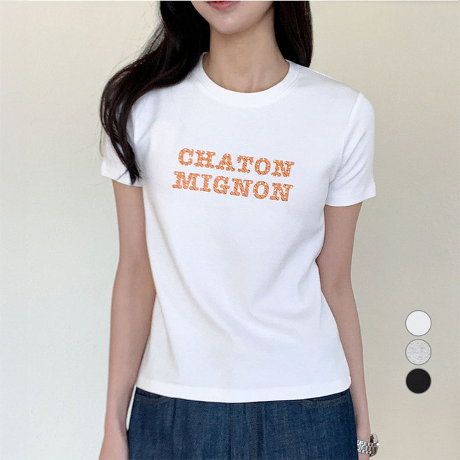 아피나르 여성용 통기성 슬림핏 자수 그래픽 반팔 쫀쫀 립 CHATON MIGNON 티셔츠
