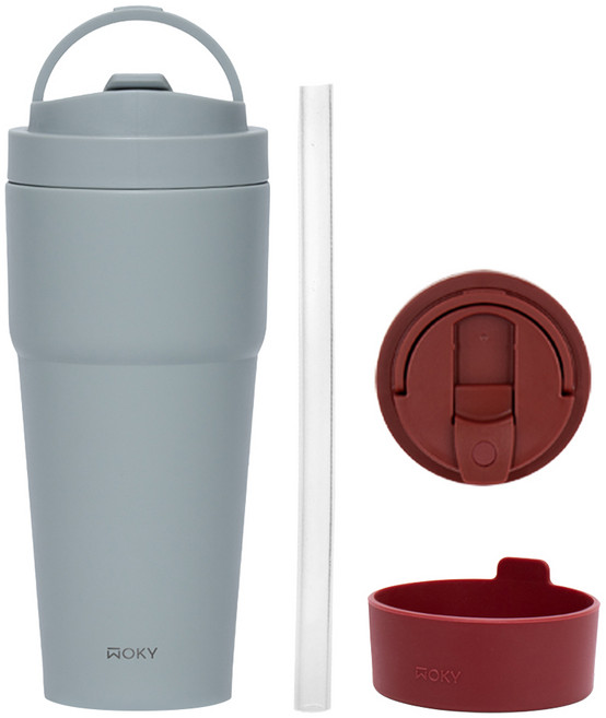 WOKY 沃廚 台灣公司貨 雙層陶瓷渾圓杯組 杯 + 吸管 + 蓋 + 底墊, 蔚水長堤 紺青藍, 1套, 750ml