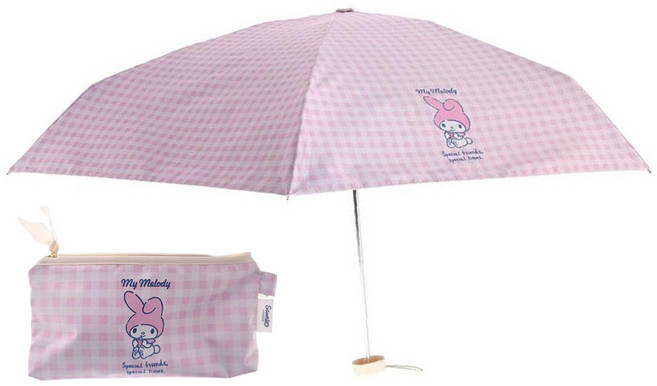 Sanrio 三麗鷗 美樂蒂 扁平迷你格紋防紫外線遮光5折晴雨兩用傘 附收納套組 粉紅色