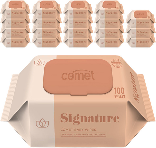 comet Baby Wipes Signature 壓紋寶寶濕紙巾 掀蓋式 加厚型, 55g, 100張, 20包