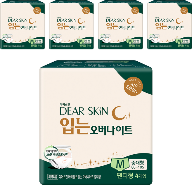 디어스킨 에어엠보 입는 오버나이트 생리대 팬티형, 중대형, 4개입, 5개