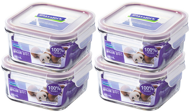 글라스락 퍼플 에디션 정사각 밀폐용기, 4개, 490ml