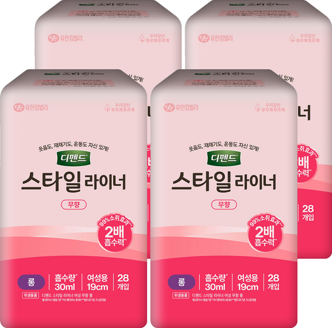 디펜드 여성용 스타일 라이너 무향, 롱 (19cm), 28매입, 4개