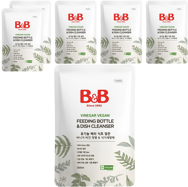 비앤비 베리 식초 담은 비건 젖병 & 식기 세정제 리필형, 6개, 500ml