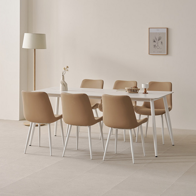 라로퍼니처 비비드 1800 포세린 통세라믹 식탁 테이블 + 의자 6p 세트 6인용 방문설치, 식탁(화이트), 의자(브라운6P), 일반의자 6