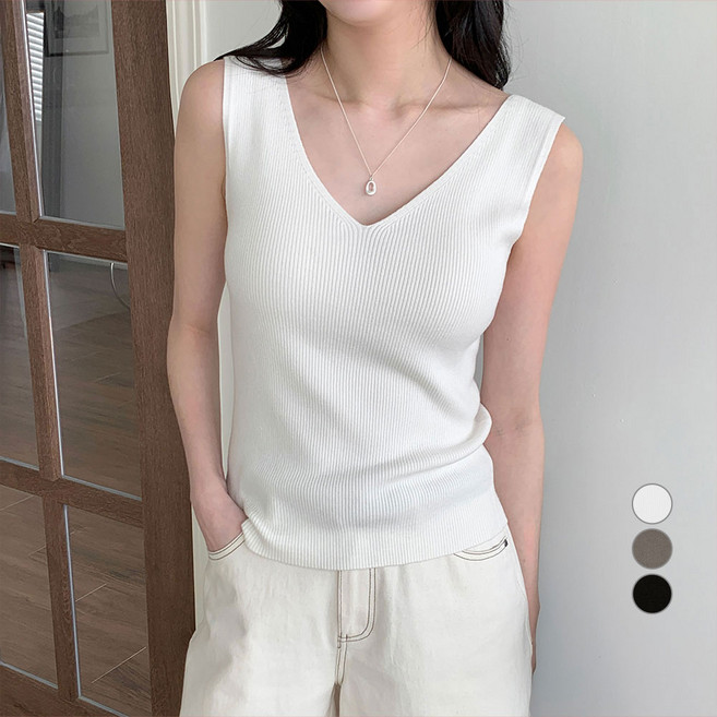 아피나르 여성용 슬림핏 브이넥 골지 나시