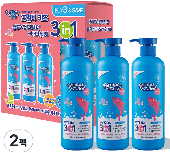 포멀비 키즈 3in1 유아 올인원 샴푸+컨디셔너+바디워시 복숭아향, 500ml, 6개