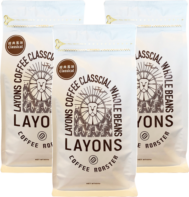 LAYONS COFFEE 雷恩獅咖啡 經典系列 咖啡豆 經典風味, 3個, 450g, 全豆咖啡（未研磨）