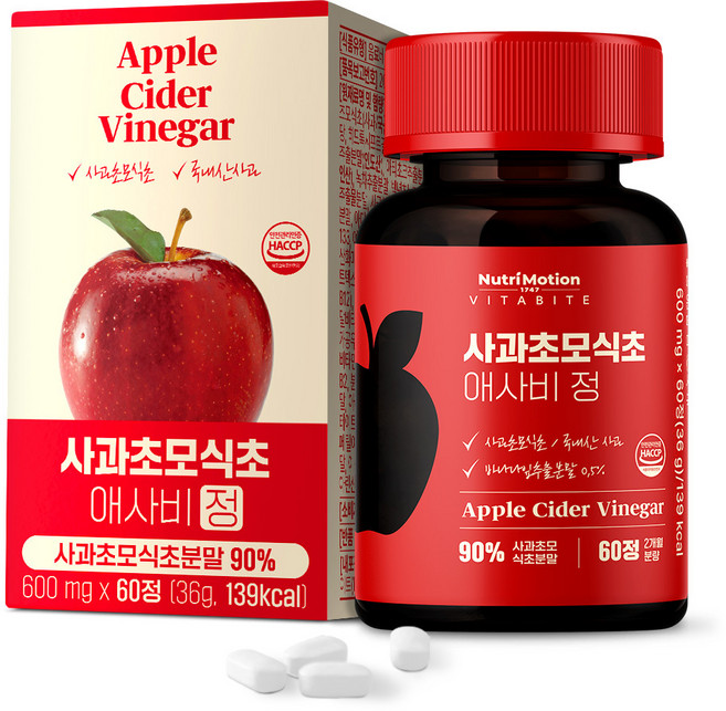 뉴트리모션 비타바이트 사과초모식초분말 90% 애사비정, 60정, 1개