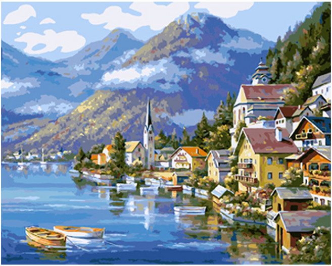 ArtLife 藝術生活 數字油畫DIY DT113 湖畔山城, 湖畔山城 藍色