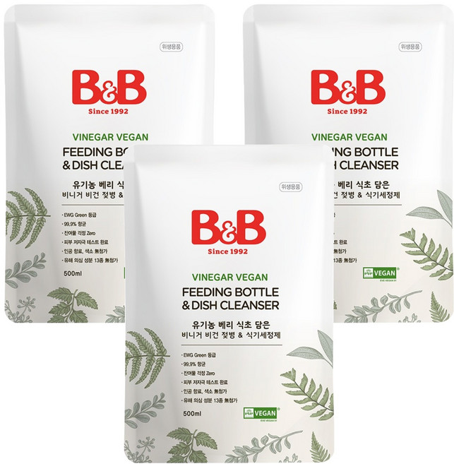 비앤비 비니거 비건 젖병 앤 식기세정제 리필, 3개, 500ml
