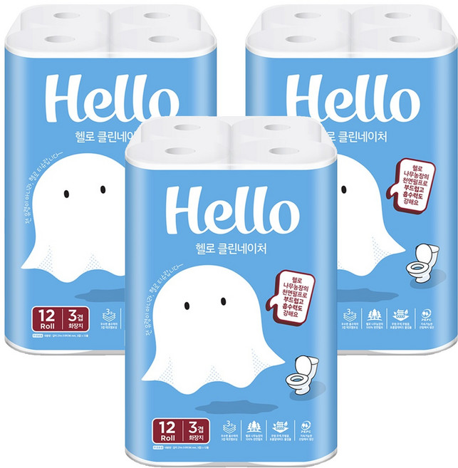 헬로 클린네이처 천연펄프 3겹 고급롤화장지, 27m, 12개입, 3개