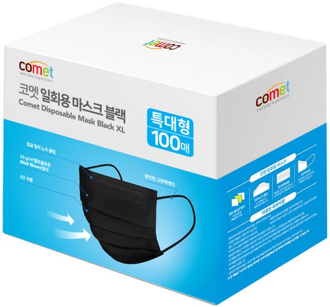 코멧 일회용 마스크 특대형, 100개입, 1개, 블랙