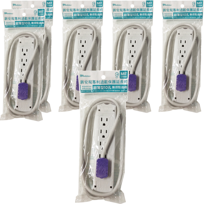 infotec 英富達 5+5孔 15A新安規專利過載保護 雙面延長線 扁插, 1m, 白色, 6個