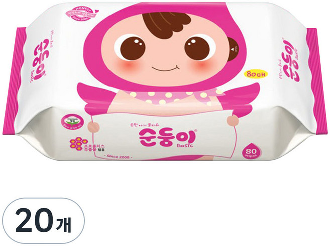 순둥이 베이직 유아물티슈 리필형, 55g, 80매, 20개
