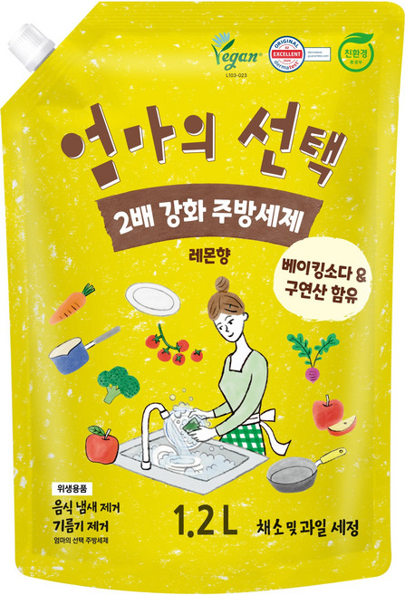 엄마의선택 베이킹소다 & 구연산 함유 주방세제 레몬향 리필, 1개, 1.2L