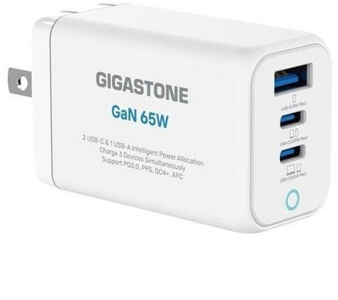 GIGASTONE 立達 PD3.0/QC4.0 65W 氮化鎵 GaN USB-C 三孔快速充電器 PD-7657, 白色, 1個