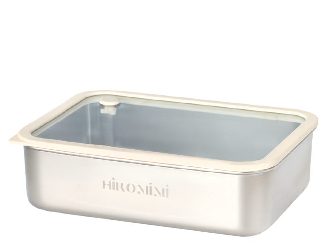 Hiromimi 304不鏽鋼保鮮盒 矽膠玻璃蓋 耐熱0-230度C 700ml 16.1x11.9x4.8cm, 米色 + 不鏽鋼銀色, 1個