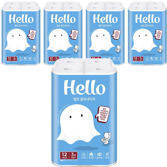 헬로 클린네이처 천연펄프 3겹 고급롤화장지, 27m, 12롤, 5개