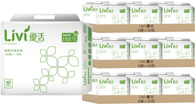 LIVI 優活 抽取式衛生紙 2層, 10包, 18袋