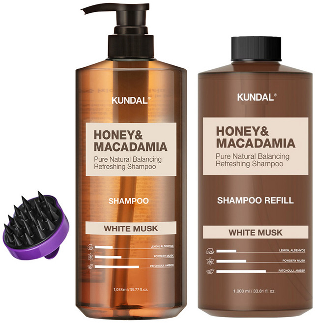 쿤달 허니 앤드 마카다미아 네이처 샴푸 화이트머스크향 1058ml + 리필 1000ml + 샴푸 브러쉬, 1세트