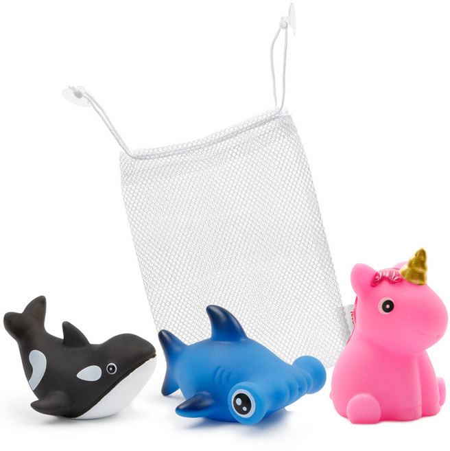 예꼬맘 LED F세트 목욕놀이 완구 3종 + 그물망, 범고래(블랙) + 유니콩(핑크) + 망치상어(블루), 1세트