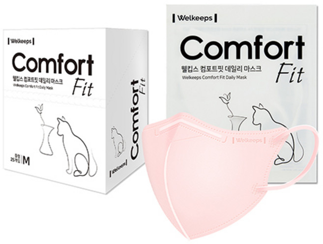웰킵스 컴포트핏 데일리 새부리형 마스크 중형, 25개입, 1개, 밀키 핑크
