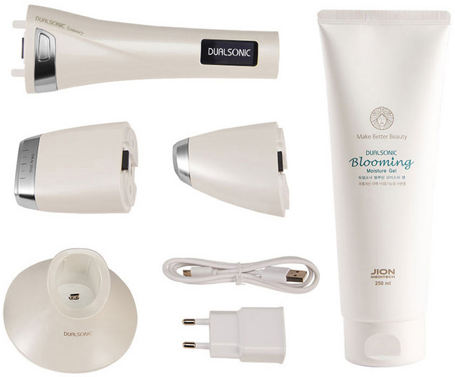 듀얼소닉 럭셔리 뷰티 탄력 피부 마사지기 + 블루밍 모이스처 젤 250ml 세트, JOMT-AH-02A, 화이트