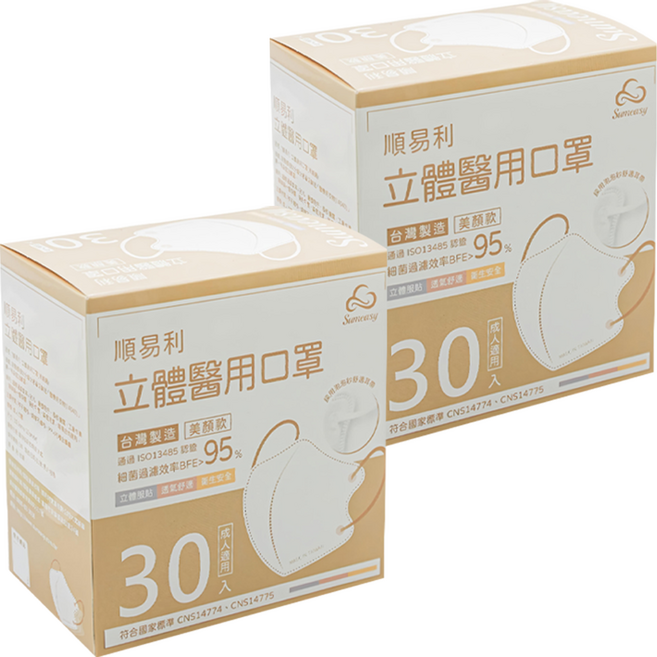 順易利 成人立體醫用口罩 美顏款 M, 霧霾綠, 30片, 2盒