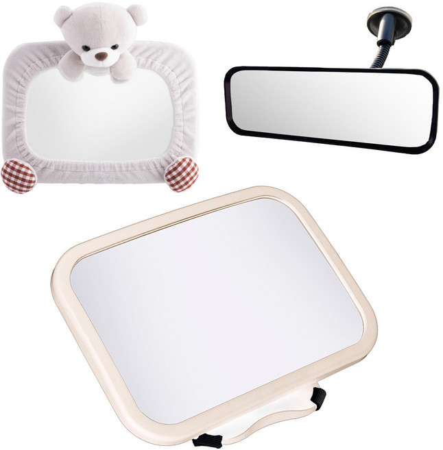 메리본 후방거울 + 곰돌이 커버 + 보조 룸 미러, 베이지, 1세트