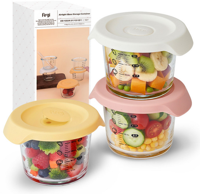 퍼기 원형 이중밀폐 유리 이유식 용기 3종, 230ml, 크림, 버터옐로우, 드라이로즈, 1세트
